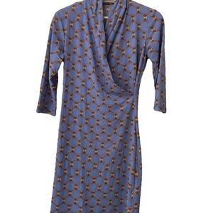 J McLaughlin Blue Wrap-Style Dress gold chain pattern sz small